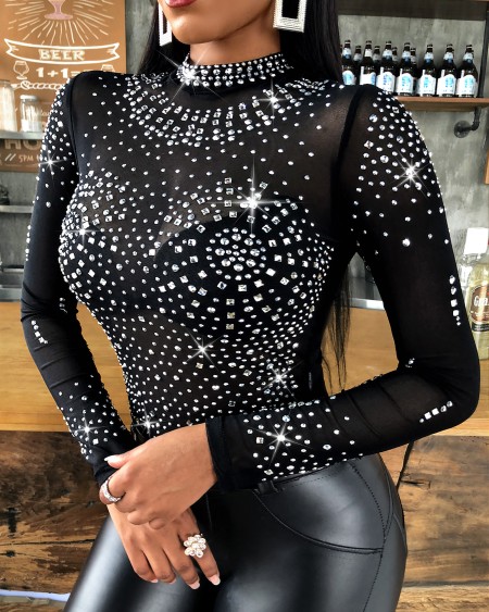 Rhinestone Decor Mock Neck Long Sleeve Bodysuit Sexy Hollow-out Back Slim Fit Sheer Mesh Bodysuit