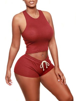 Women's Sexy Slim Fit Top Crop Top+Draw String Bottom Shorts 2pcs Sport Suit