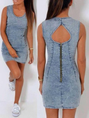 Women's O Neck Solid Color Back Hollow Out Zipped Bodycon Dress Sleeveless Nightclub Mini Dresses