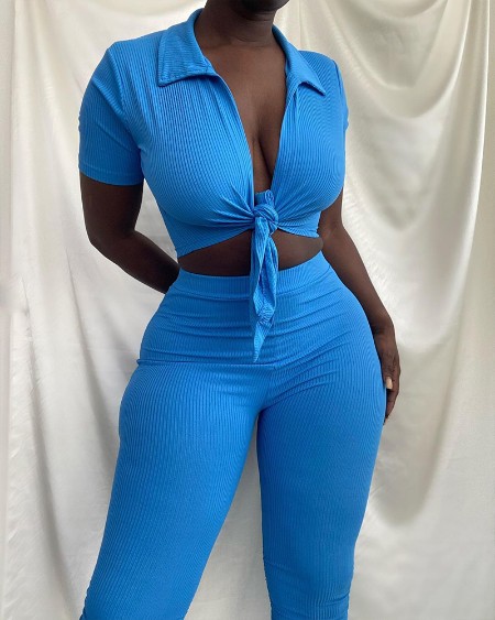 Ribbed Knot Front Crop Top & Skinny Pants Set