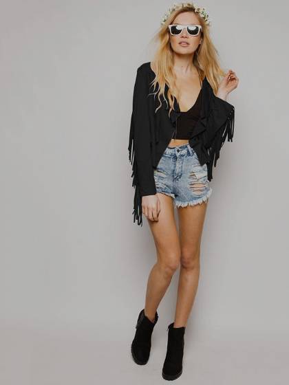 Trendy Asymmetric Faux Suede Tassels Fringe Cardigan Short Crop Drape Jacket Top