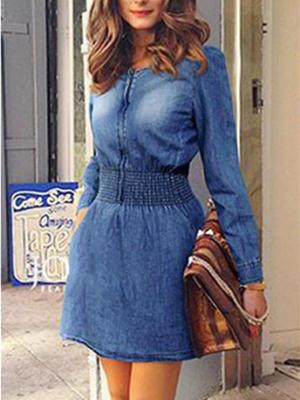 Women's Fashion Denim Long Sleeve Casual Dress Round Neck Dress