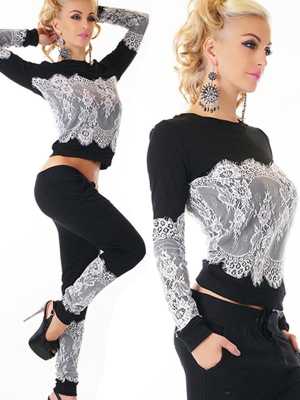 Woman Autumn Two Pieces Lace Patchwork Casual Sports Suits Tracksuit Sets Hoodie