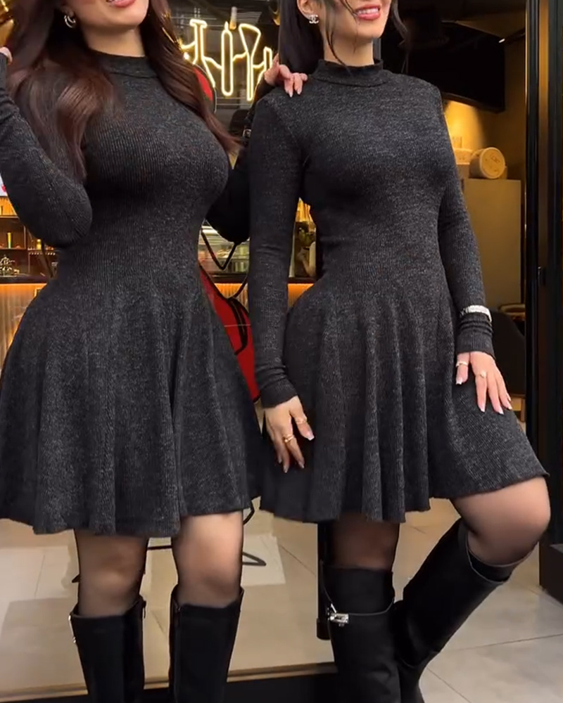 Mock Neck Long Sleeve Cinched Waist Flared Hem Dress Casual Ribbed Mini Dress