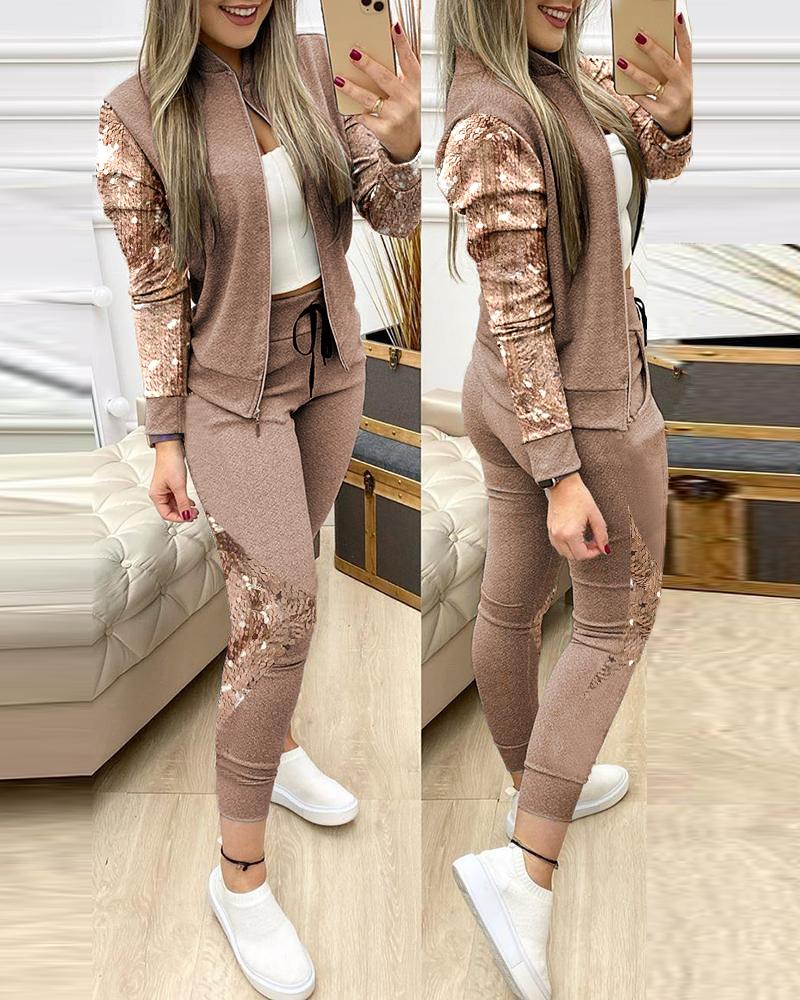 Contrast Sequins Zipper Design Jacket & Drawstring Pants Set