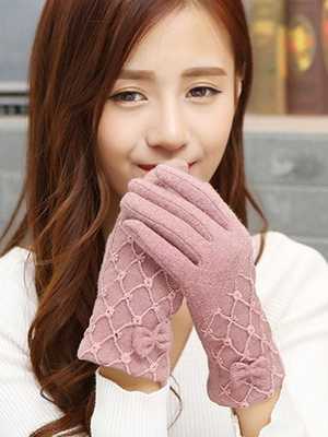 Winter Women Pink Sweat Lace Cashmere Gloves Warm Knit Glove