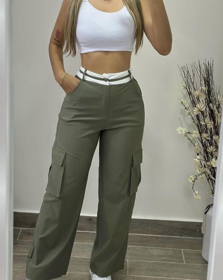 Colorblock Waist Pocket Design Active Pants Casual Straight Leg Cargo Pants