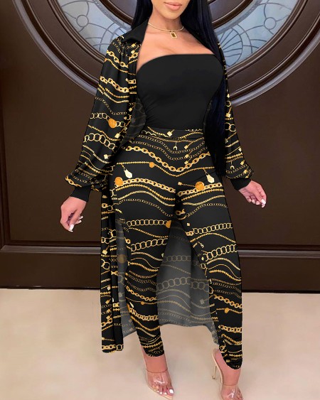 Chain Print Bodice Jumpsuit With Lantern Sleeve Coat