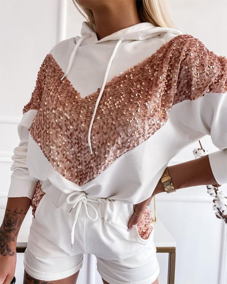 Contrast Sequin Drop Shoulder Drawstring Hoodie & Shorts Set