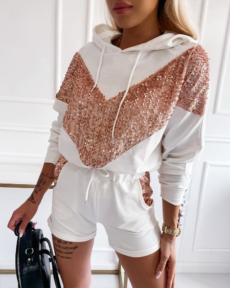 Contrast Sequin Drop Shoulder Drawstring Hoodie & Shorts Set