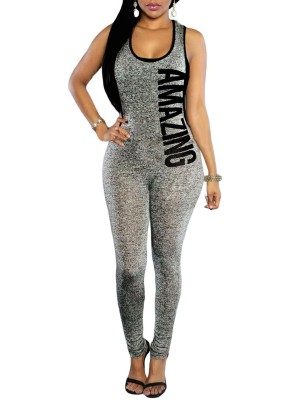 Women's Letter Print Sports Jumpsuit Sexy Backless Tight Bodysuit Sleeveless Bodysuit Playsuit Romper