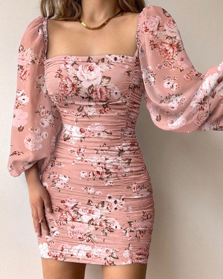 Floral Print Lantern Sleeve Ruched Bodycon Dress
