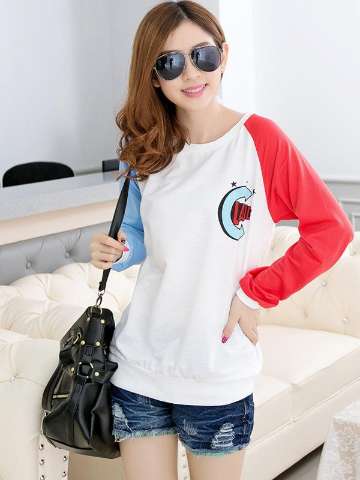 Fashion Autumn Women Stitching Color Long Sleeves T-shirt Trendy Casual Preppy Style Loose T-shirt