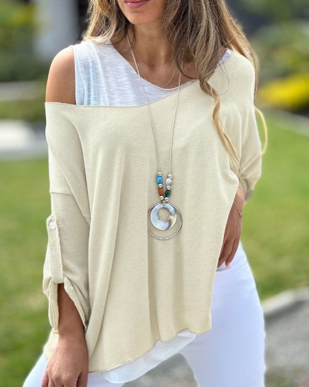 2 Piece Sleeveless Casual Basic Tank Roll Tab Long Sleeve V Neck Pullover Top Set