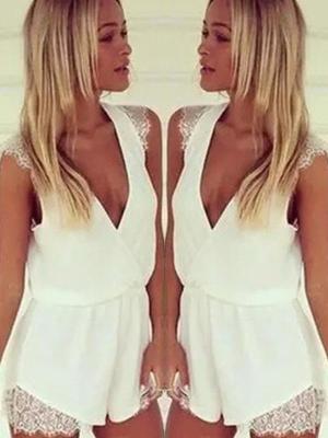Summer Women's Sleeveless Lace Stitching Deep V Chiffon Tops Hot Shorts Rompers /Jumpsuit