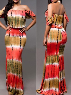 Women' s Fashion Summer Slash Neck Petal Sleeve Maxi Dress Striped Long Dress Beachwear Dress