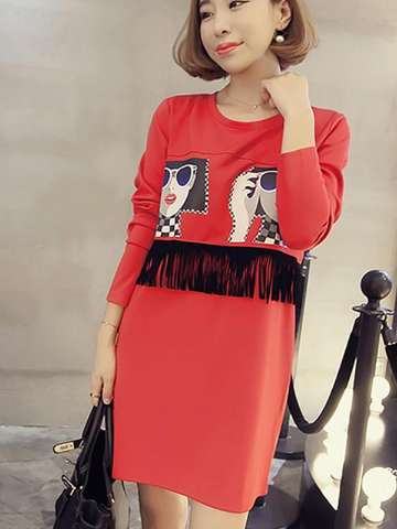 Women's Long Sleeve Fashion Printing Relaxed Fit Casual Dress Fringe Tassels Attached Long Section Shirt Tops