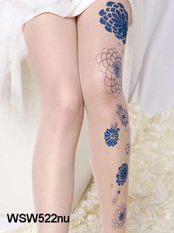 Sexy Slim Flocking Stylish Tattoo lotus Leaf Snowflakes Angel And Devils Sunflowers Bar Of Stars Print Mesh