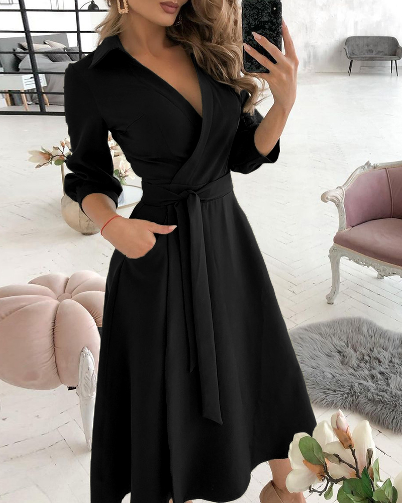 Turn-down Collar Overlap V-Neck Three Quarters Sleeves Minimalist Shirt Dress Casual Tie Waist Wrap Front Commuting Dress