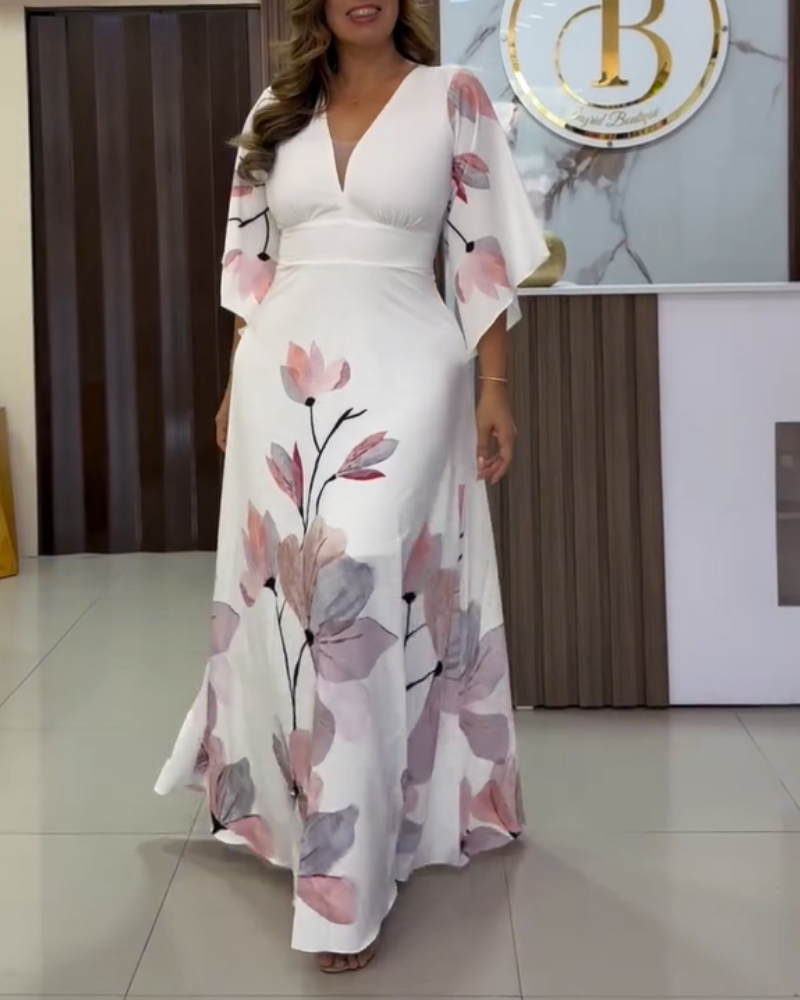Floral Placement Print Deep V Neck Bell Sleeve Vacation Dress Casual Zipper Back Cinched Waist Maxi Dress With Lining