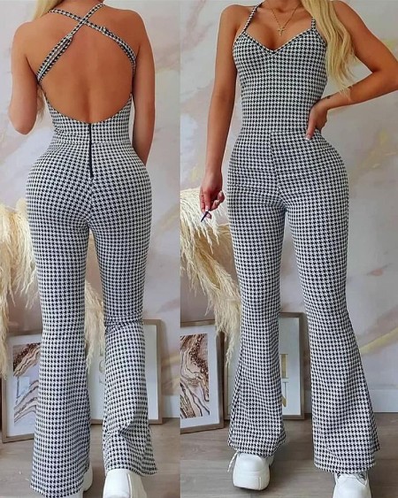Houndstooth Crisscross Backless Flare Leg Jumpsuit