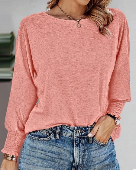 Round Neck Shirred Lantern Sleeve Long Sleeve Softy Basic T-Shirt Casual Tee