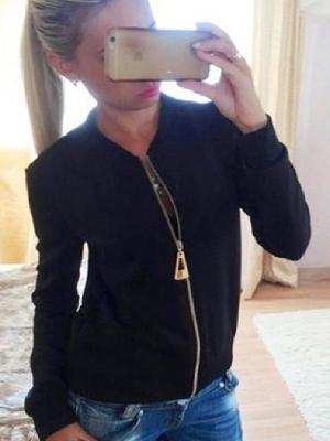 Fashion Woman's Autumn Solid Long Sleeve Round Neck Over Size Outwear Zipper Sweatshirts Jacket Tops