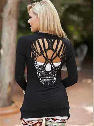 Women's Black Skull Hollow Back Pattern Long Sleeve T Shirt Tops Cardigan