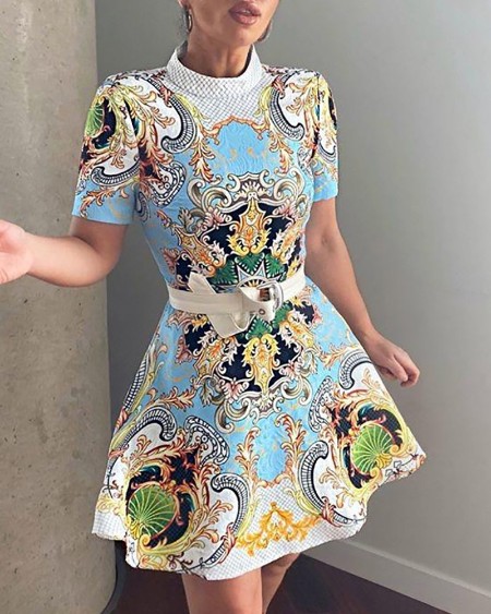 Scarf Print Short Sleeve O Neck Dress