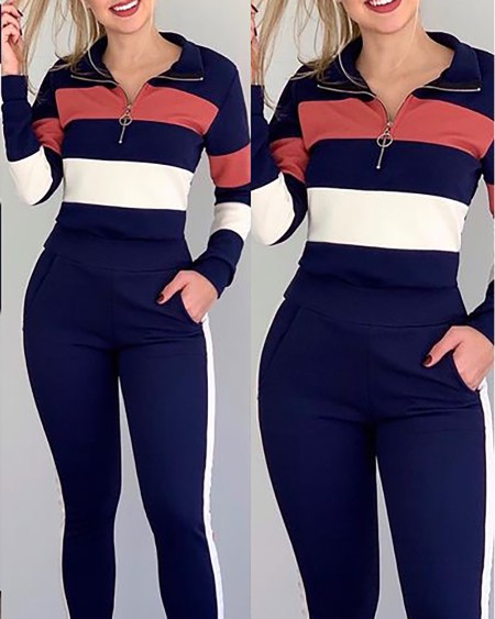 Zipper Design Striped Colorblock Top & Pocket Design Pants Set