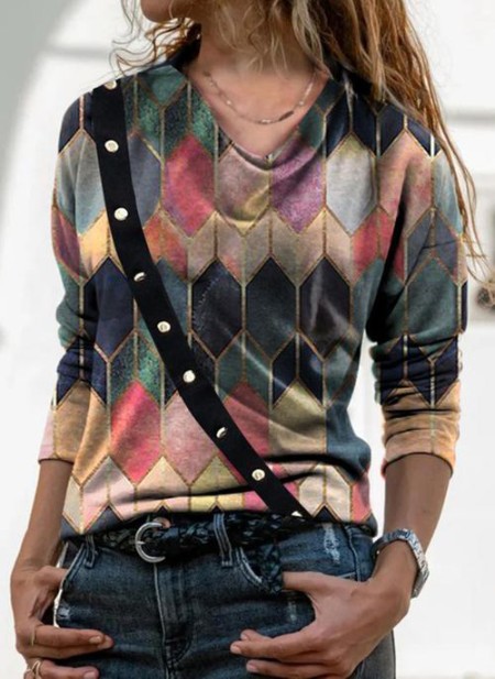 Geometric Casual Round Neckline Long Sleeve Blouses 