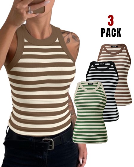 3-Pack Striped Round Neck Slim Fit Racer Back Ribbed Tank Top