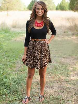 Women's Fashion Leopard Stitching Slim Fit Dress Crochet Crew Neck Tutu Mini Dress