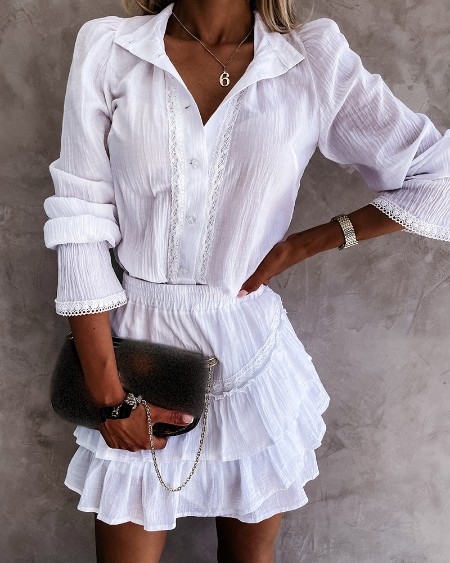 Lace Patch Puff Sleeve Shirt & Ruffles Skirt Set