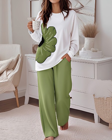 2 Pieces Outfit Floral Placement Print Long Sleeve Drop Shoulder Top and Elastic Waist Pants Set Causal Pajamas Set