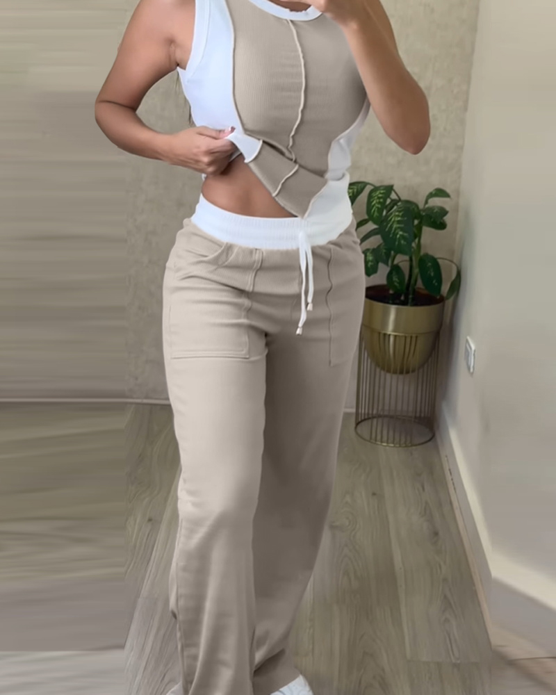 2 Piece Loungewear Set Colorblock Tank Top and Straight Leg Pocket Design Pants Tracksuit Casual Outfits