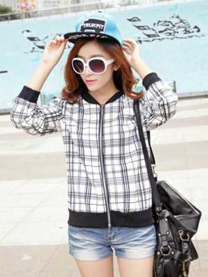Women's Korean Style Stripes Plaid Print Short Coat Zipper Long Sleeve Baseball Jacket Unifroms