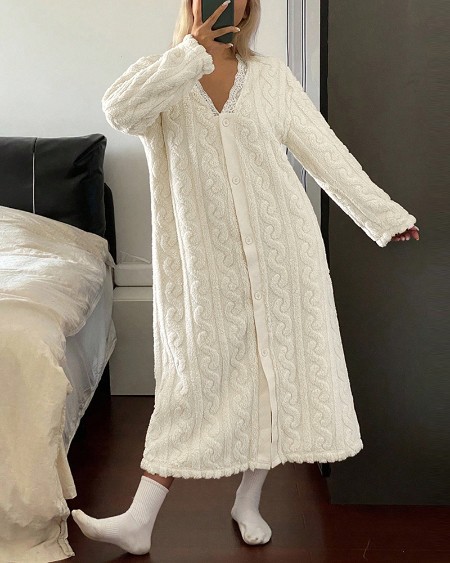 Stylish Contrast Lace V Neck Night Dress Casual Long Sleeve Weaving Knit Coral Sleepwear