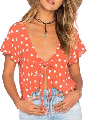 Women' s Fashion Cardigan Beach Cover Up Sexy Dotted Print Deep V Short Sleeve Bandeau Chiffon Cardigan
