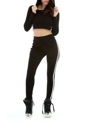 Women's Sports Suit Set Round Neck Long Sleeve Crop Top +Draw-string Striped Full Pants 2pcs Running Jogging Suits