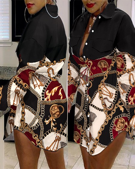 Scarf Print Chain Button Front Flap Detail Denim Patch Shirt Dress