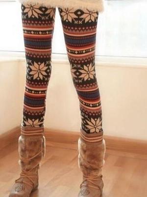 Women's Fashion Flower Print Skinny Bandage Snowflake Warm Leggings Tights Pants