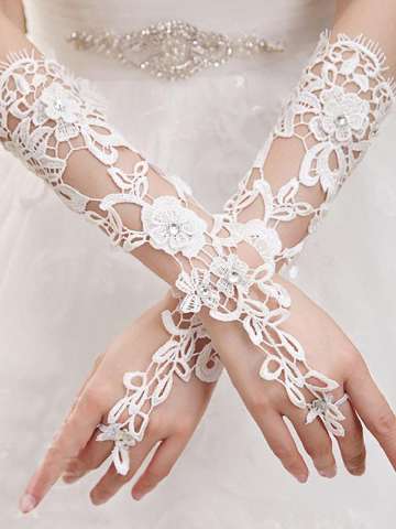 Flowers Bridal Gloves Wedding Accessory Fashion Hollow-out Rhinestone Lace Fingerless Gloves