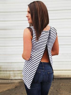 Women's Euramerican Summer New Fashion Sexy Open Back Tops Stitching Sleeveless Striped Tee Shirts