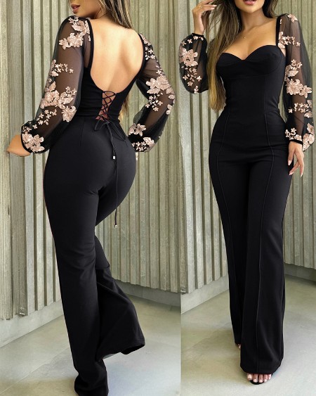 Sweetheart Neck Sequin Floral Mesh Sleeves Lace-up Back Jumpsuit Casual Backless Seam Front Flared Jumpsuit