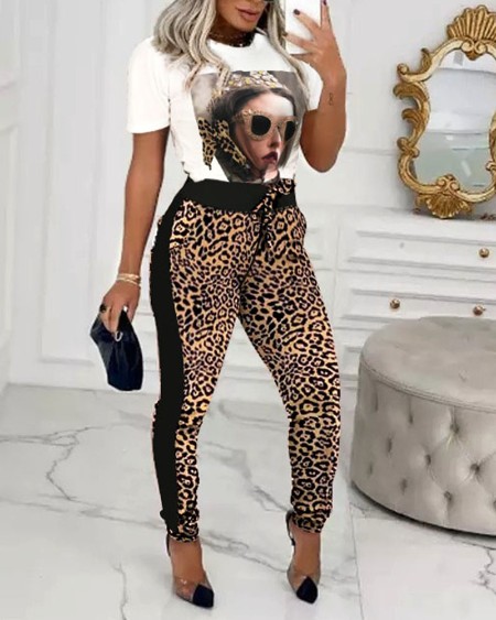 Graphic Short Sleeve Top & Leopard Print Drawstring Pants Set