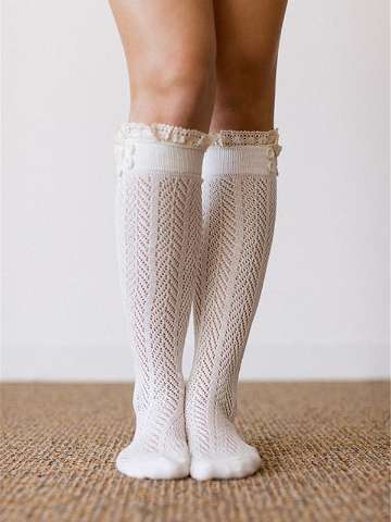 Ladie's Multi Color Knee-High Socks With Lace Top And Button Fall Fashion Mesh Knitting Sock