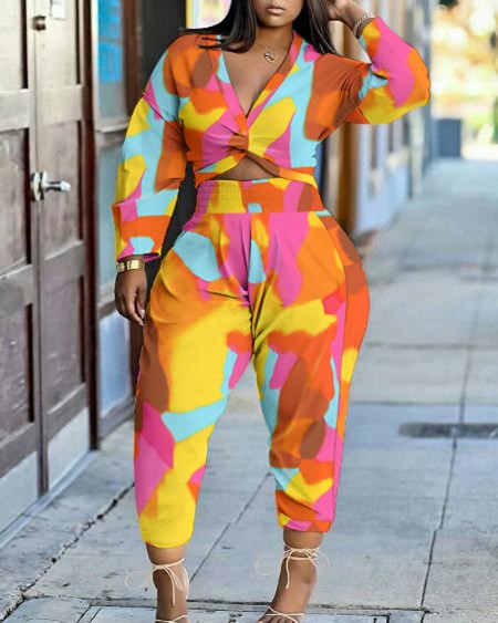 Colorblock Print Twisted Crop Top & High Waist Pants Set