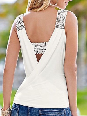 Women's Fashion New Deep V Lace Top Vest Sleeveless Patchwork Top Sexy Sexy T-shirt Top Tees