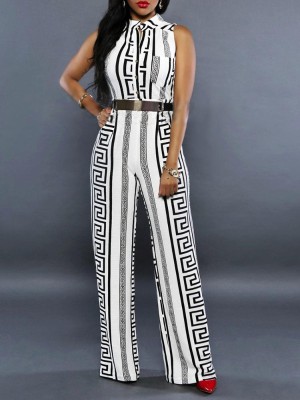 Women Vintage High Neck  Printed Casual Jumpsuit Sleeveless  Loose Wide Leg Pants Playsuit with Belt